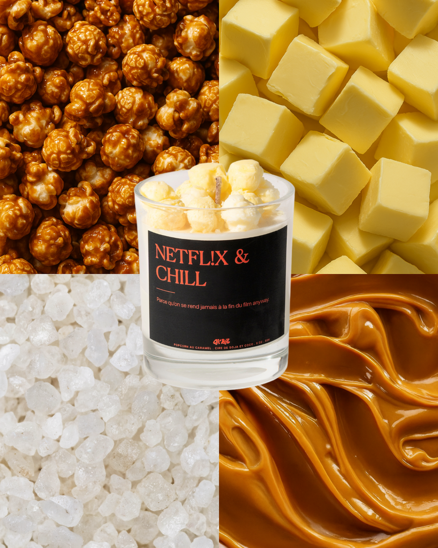 Bougie Popcorn & Caramel entourée de popcorn au caramel, de beurre, de sucre et de caramel