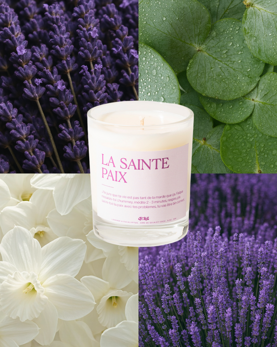Bougie Lavande & Eucalyptus entourée de lavande, d'eucalyptus et de narcisses