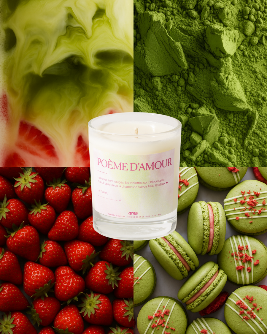Bougie Matcha Fraises entourée de matcha, de fraises et de macarons